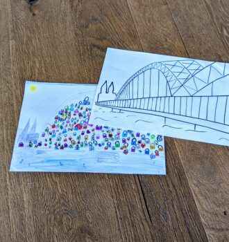 Heimatliebe Köln: Mächtige Hohenzollernbrücke und Kölner Dom als Vorlage zum ausmalen, bekleben und basteln mit Kindern (inkl. PDF-Download zum Ausdrucken)