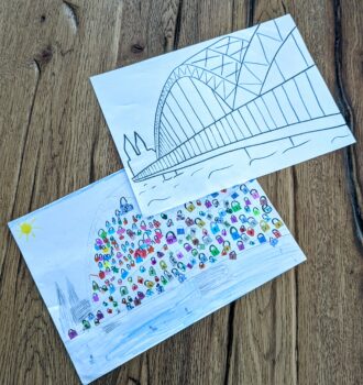 Heimatliebe Köln: Mächtige Hohenzollernbrücke und Kölner Dom als Vorlage zum ausmalen, bekleben und basteln mit Kindern (inkl. PDF-Download zum Ausdrucken)