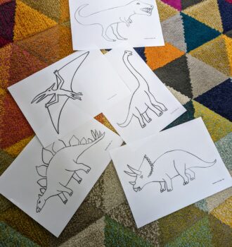 5er-Set: 5 verschiedene Dinosaurier-Vorlagen zum ausmalen, bekleben, ausschneiden und basteln mit Kindern