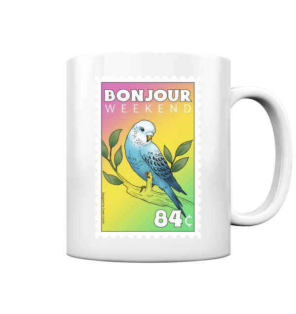 Erlebe das Wochenendgefühl jeden Tag beim Kaffee: Die 'Bonjour Weekend' Tasse von Green Lourie - Dein neues Lieblingsstück